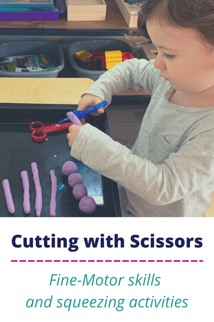 Montessori Homeschooling, cutting with scissors activity, cutting play dough, Melissa and Doug Safety scissors, squeezing activities, practical life, fine motor skills 