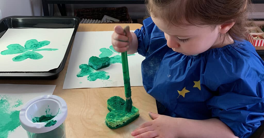 Montessori homeschooling art sponge painting, shamrocks, st. patrick's day