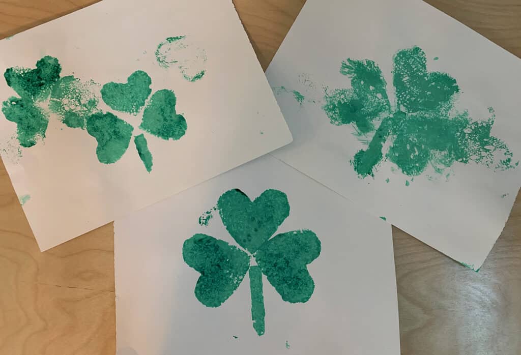 Montessori Homeschooling St. Patrick's Day Shamrock paint sponge stamp art craft for kids