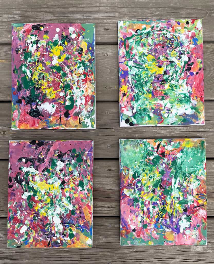 hand painting for kids, Montessori preschooler activities, Montessori toddler activities, art, canvas, acrylic paint, color mixing, completed canvases