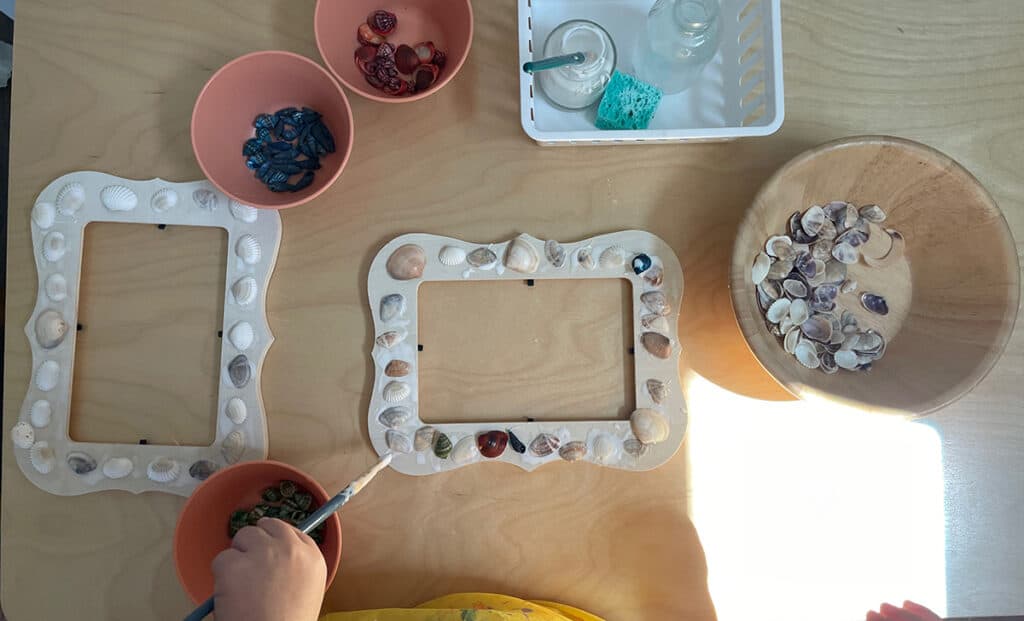 montessori fine motor activities, seashells, ocean theme, 3 year old, glue, collage, picture frame