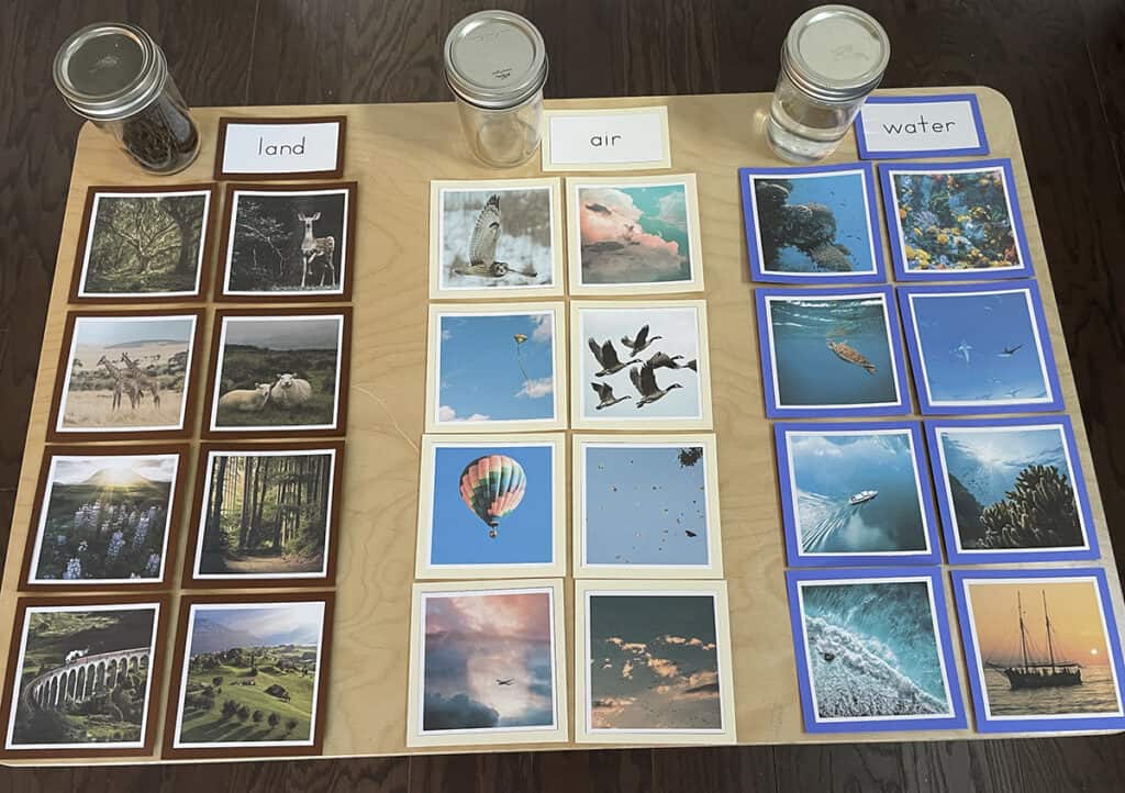 Montessori Geography, land air and water, sorting cards