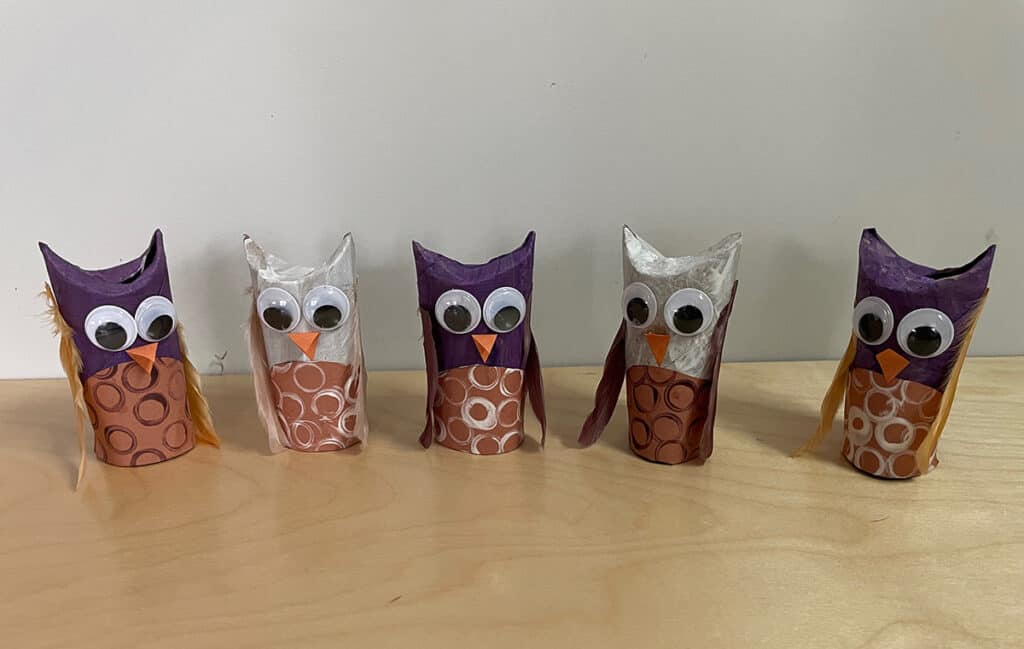 owl craft, recycled, Montessori, toilet paper roll, five little owls