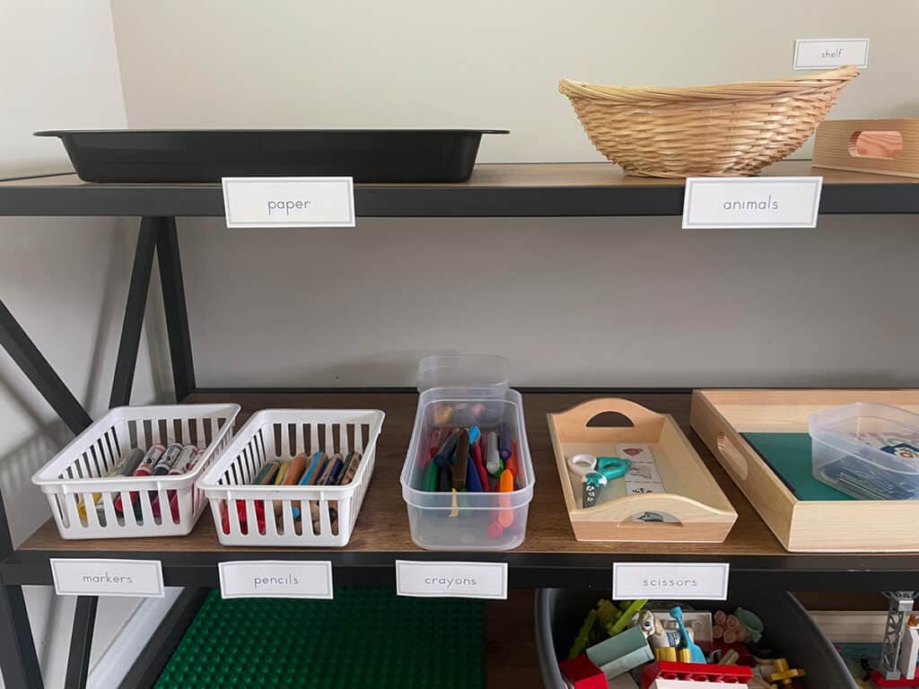 print awareness, Montessori, labels, early literacy, shelf, art supplies