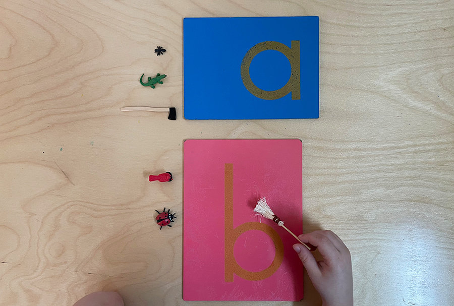 beginning sounds, letter and sound, Montessori, sandpaper letters and objects