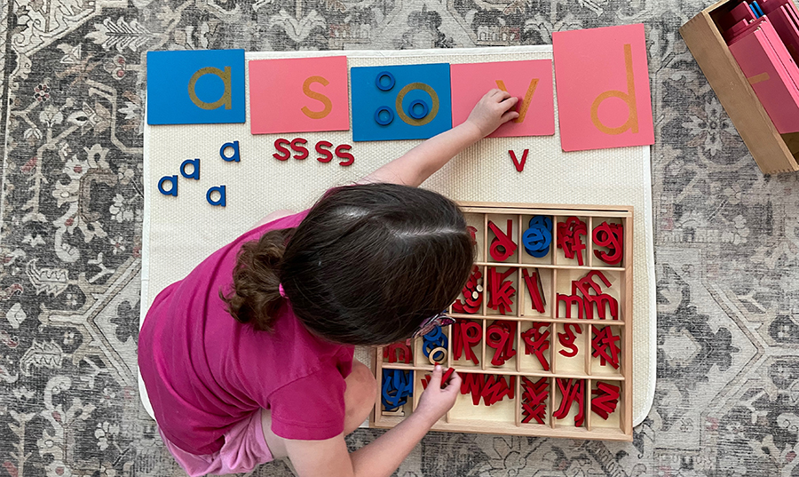 letter recognition, letter and sound, Montessori, sandpaper letters transition to moveable alphabet