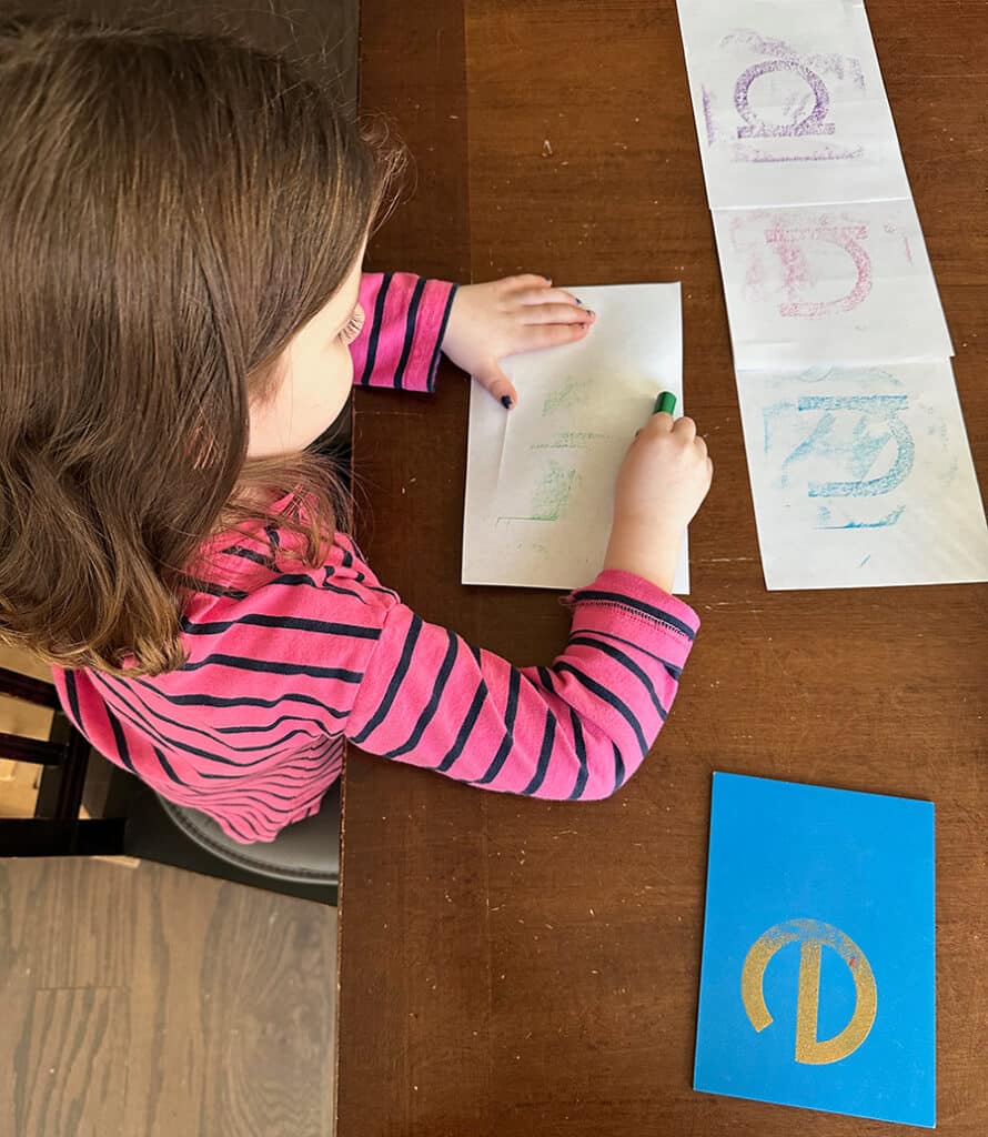 letter recognition, Montessori, crayon rubbings