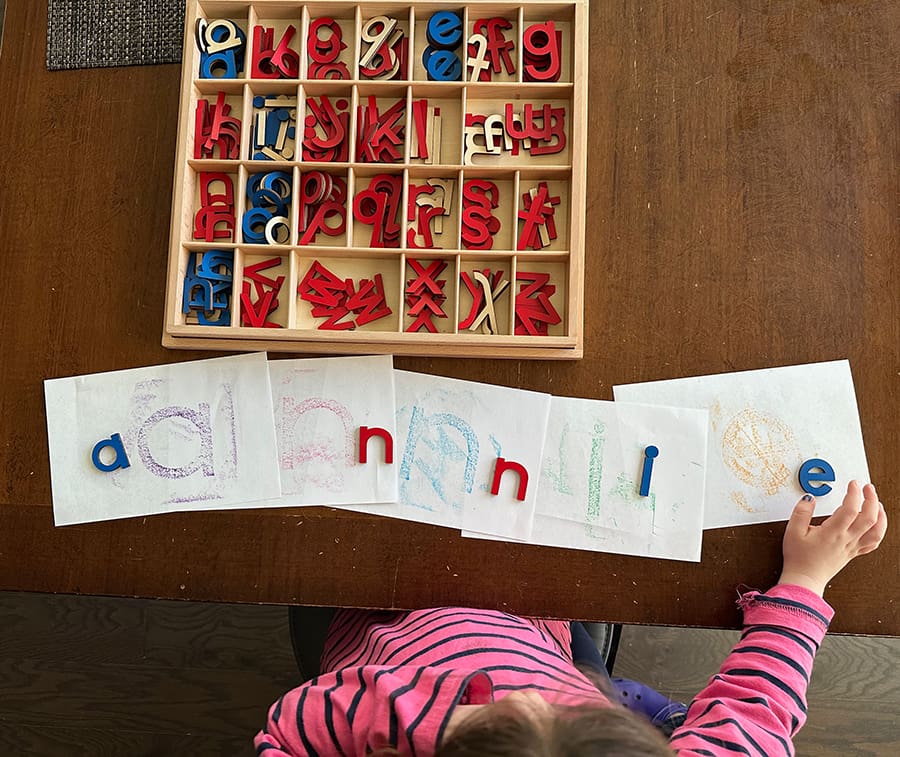 letter recognition, Montessori, crayon rubbings, moveable alphabet