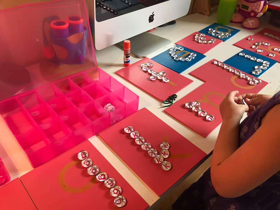 letter recognition, Montessori, moveable alphabet, DIY, glass gems