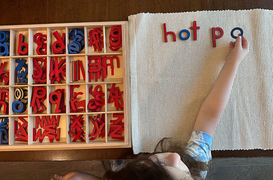 word building, Montessori, moveable alphabet, writing phrases