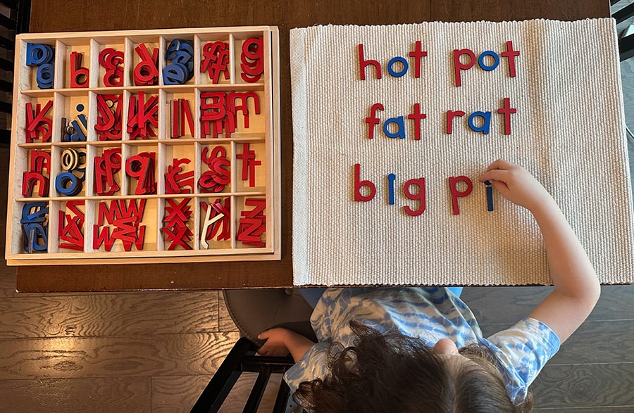word building, Montessori, moveable alphabet, writing phrases