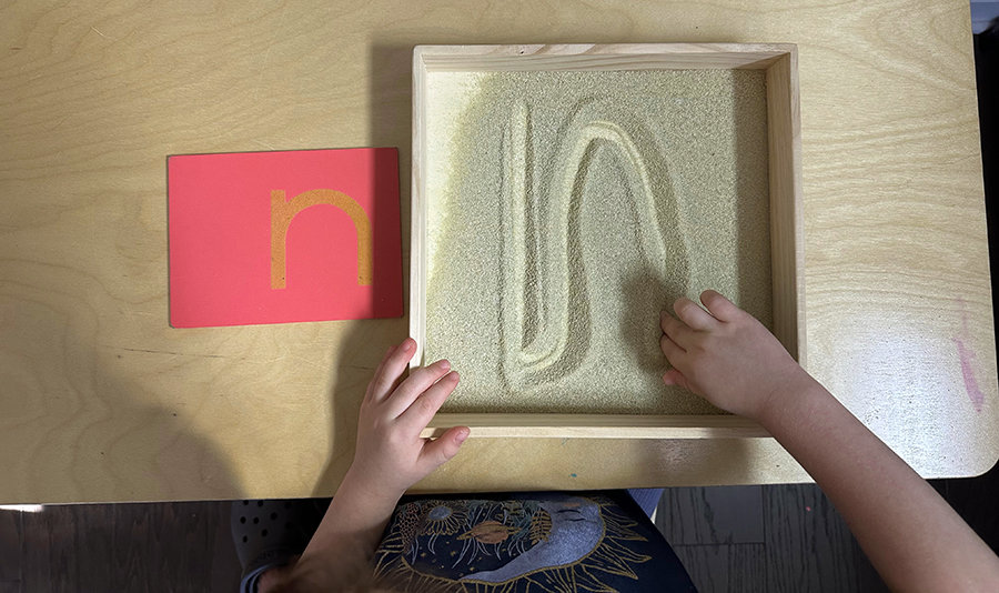 handwriting practice, Montessori, sand tray