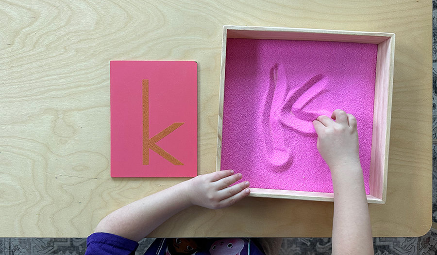 sand tray, Montessori, handwriting, sandpaper letters